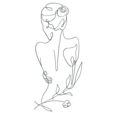 Line drawing of a woman from behind, holding a flower, hair in a bun.