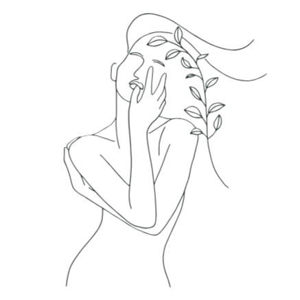 Line drawing of a woman with flowing hair, covering her face with one hand. A leafy vine grows through her hair.