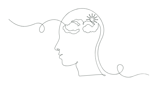 Line drawing of a head with clouds and a sun in the brain, representing a bright idea.