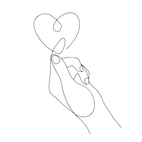Line drawing of a hand holding up a heart, formed by a continuous line.