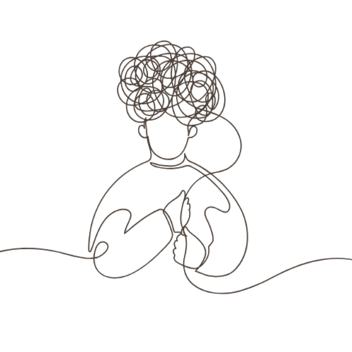 Line drawing of a person with tangled thoughts depicted above their head, hands clasped in front of them.