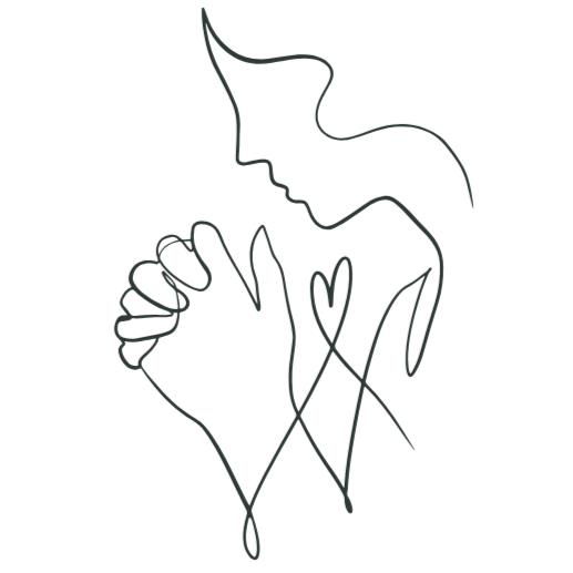 Line art: Praying hands, face in profile above, with hearts.