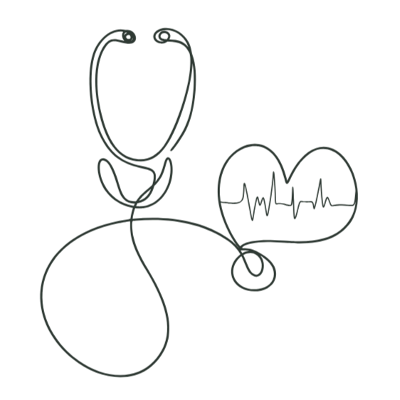 Stethoscope with heart-shaped outline and heartbeat line, symbolizing healthcare.