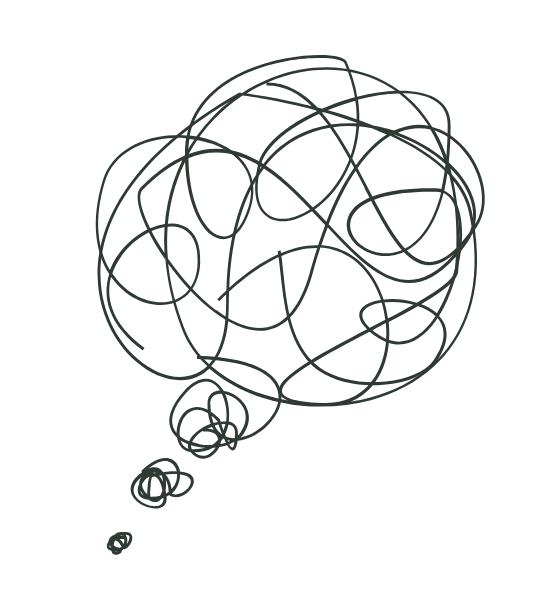 Thought bubble, chaotic scribble inside representing confusion or complex thoughts.