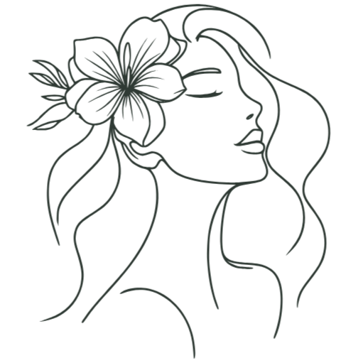 Woman with closed eyes, flower in her hair. Line drawing.
