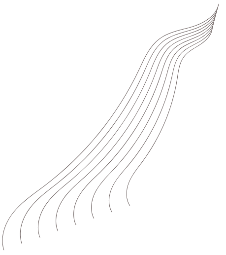 Nine silver strands, curving and aligned, likely hair strands.