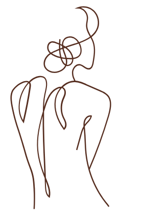 Abstract line drawing of a woman, arms raised, with hair in a loose bun. Brown lines on white.