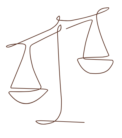 Line drawing of scales of justice, balanced.