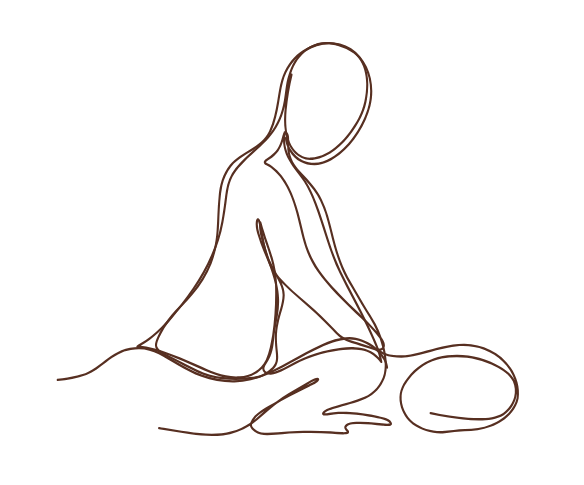 Line drawing of a person giving a massage to another person, face down.