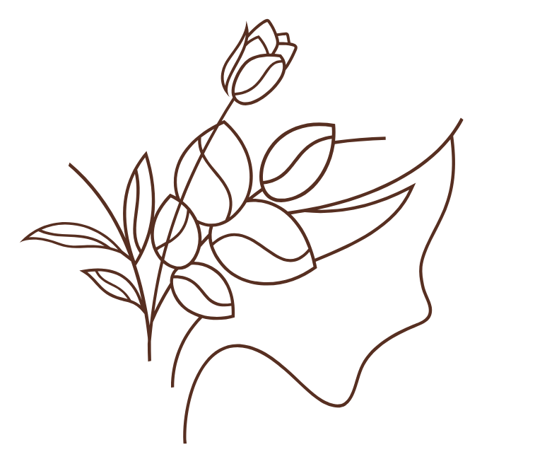 Brown line art of a rose, leaves, and a curved design, possibly a face profile.