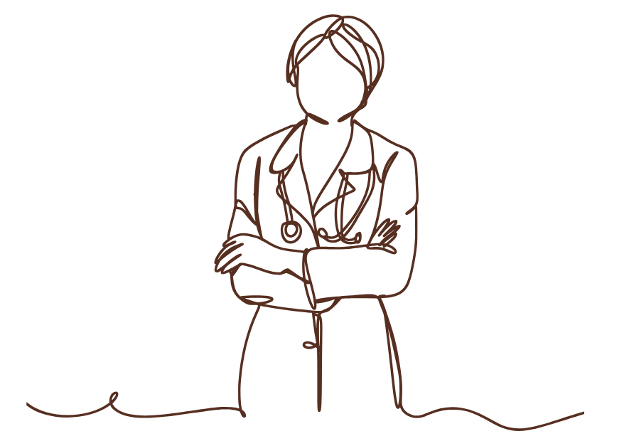Line drawing of a doctor with arms crossed, wearing a lab coat and stethoscope.