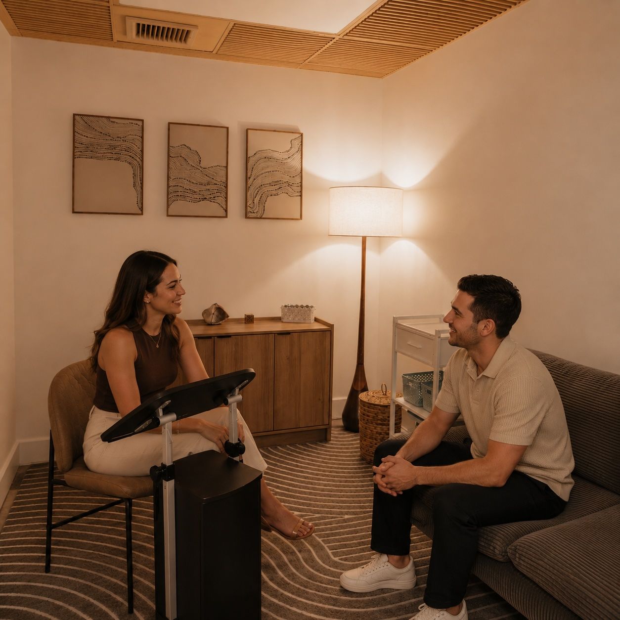 Doctor and patient in a calming room. The doctor listens to the patient, who is sitting on a sofa. The room has wood accents.