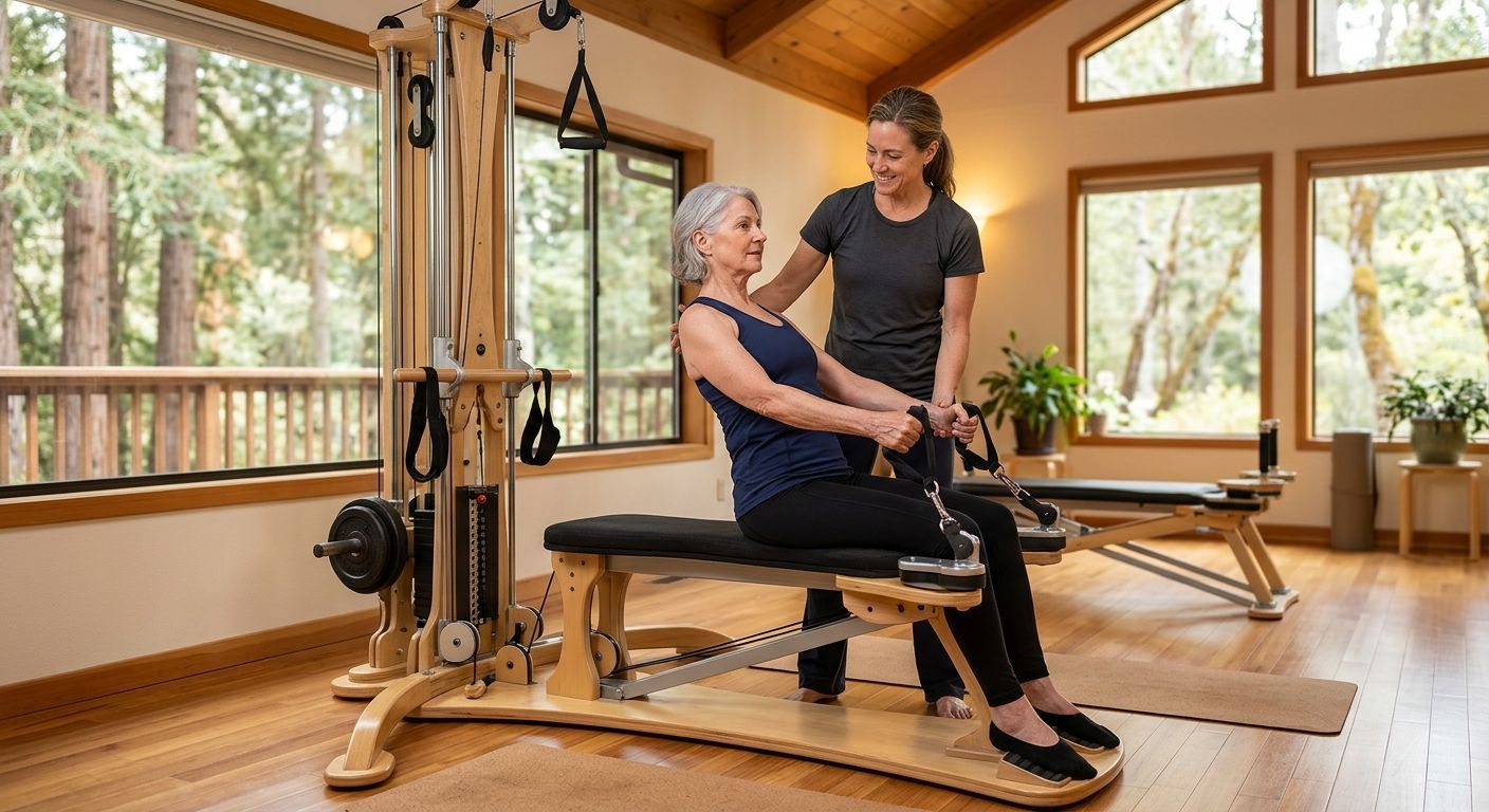 Woman doing a yoga lunge with arms extended in a bright studio with a reformer machine