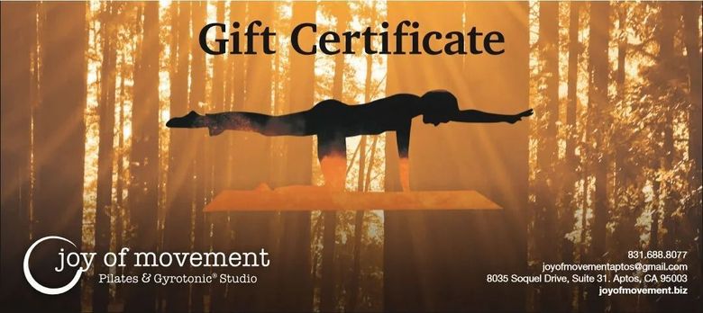 Gift certificate for Joy of Movement, featuring a silhouette of a person in a yoga pose against a sunset backdrop.