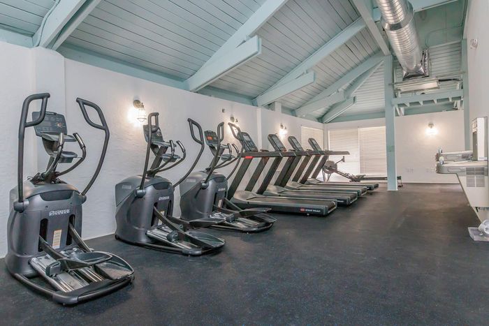 Gym with elliptical machines and treadmills on black floor; white walls and ceiling.