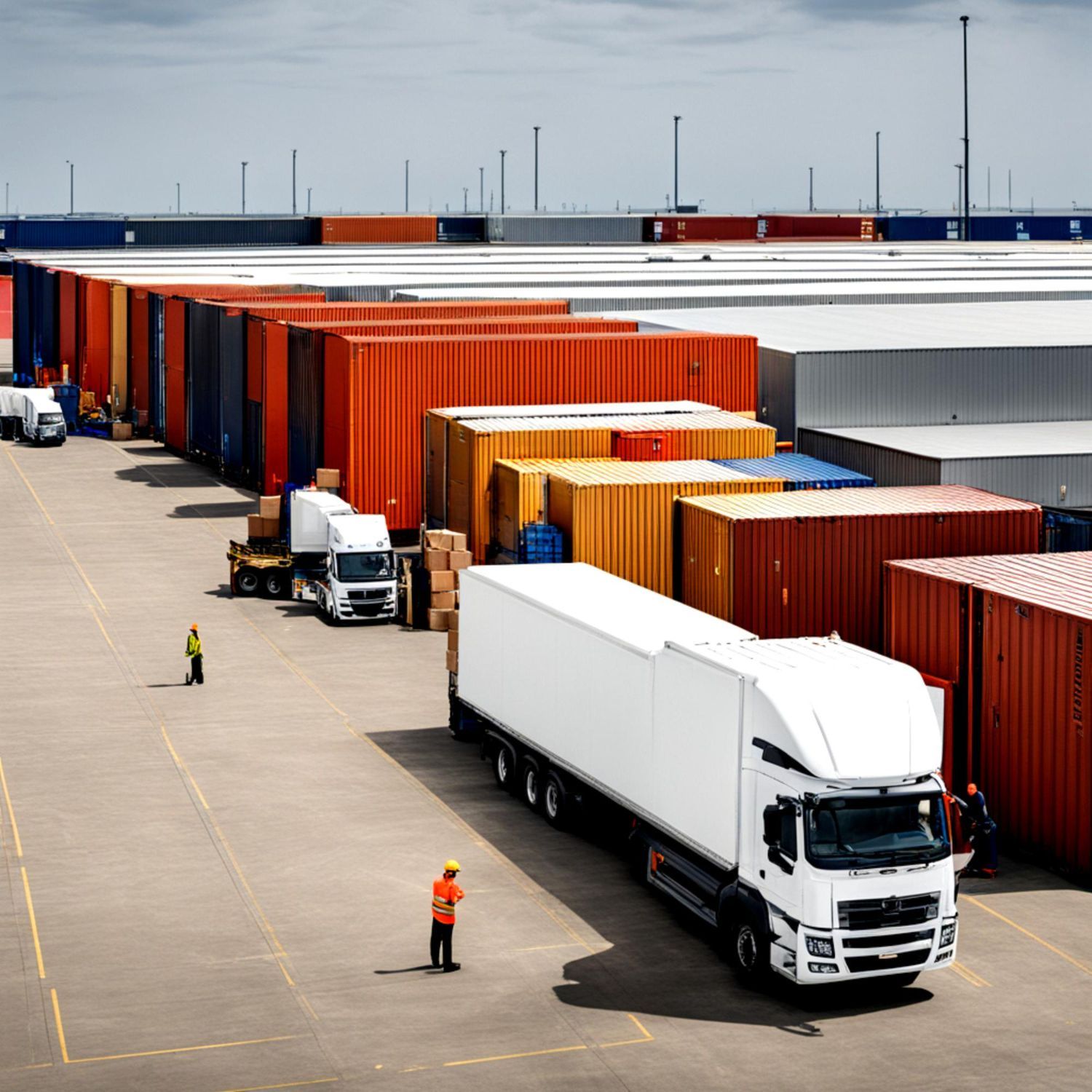 Trucks and shipping containers in a port, workers in safety vests; orange and blue containers.