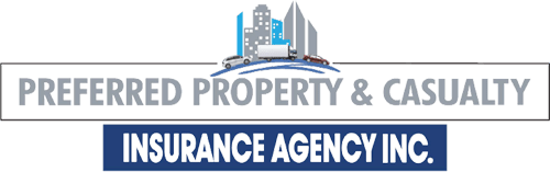 Preferred Property & Casualty Insurance Agency logo. Gray text, blue banner with white text, graphic of city and vehicles.