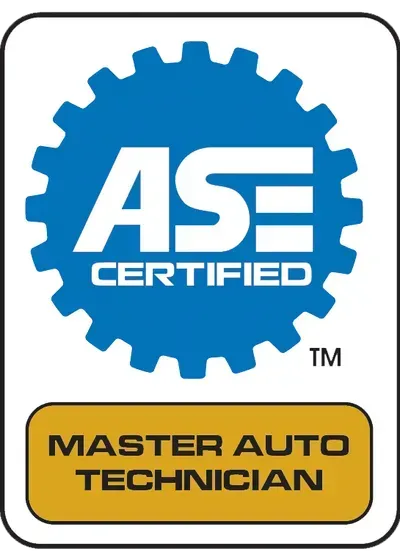 ASE Certified Master Auto Technician badge. Blue gear with white letters and gold text.