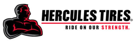 Hercules Tires logo: muscular man silhouette, black and red, with the company name and tagline.