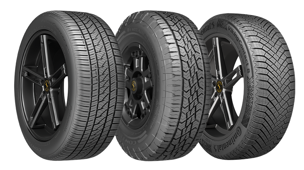 Three car tires with different tread patterns and dark rims.