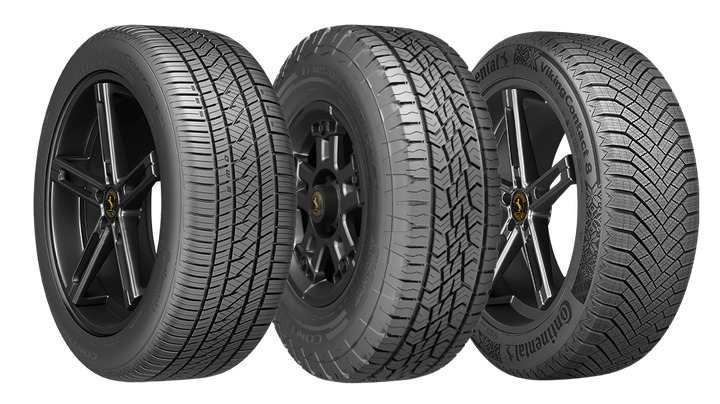 Three car tires with different tread patterns and dark rims.