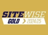 A logo for sitewise gold 2024/25 on a gold background.