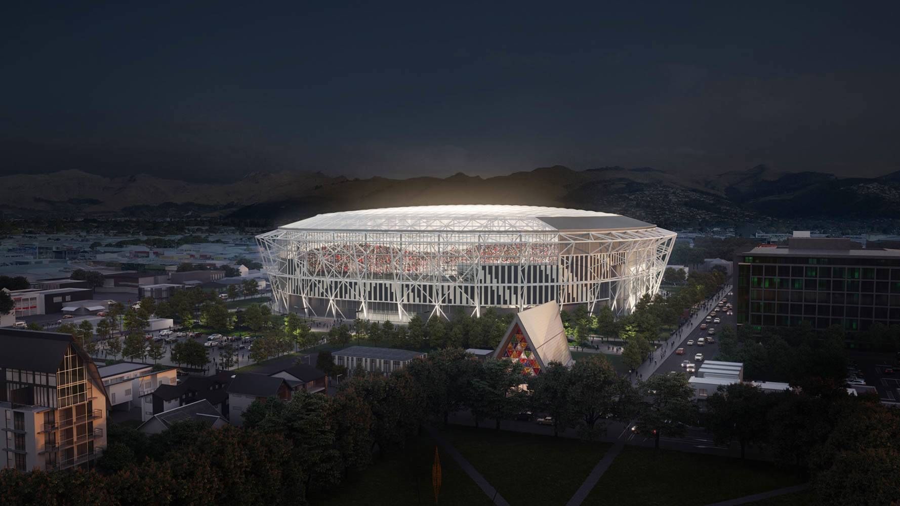 An artist 's impression of the new stadium at night.