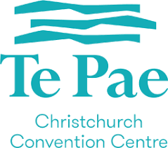 The te pae christchurch convention centre logo is blue and white