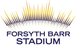 The logo for forsyth barr stadium is a sun with rays coming out of it.