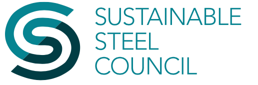 The logo for the sustainable steel council is blue and white.