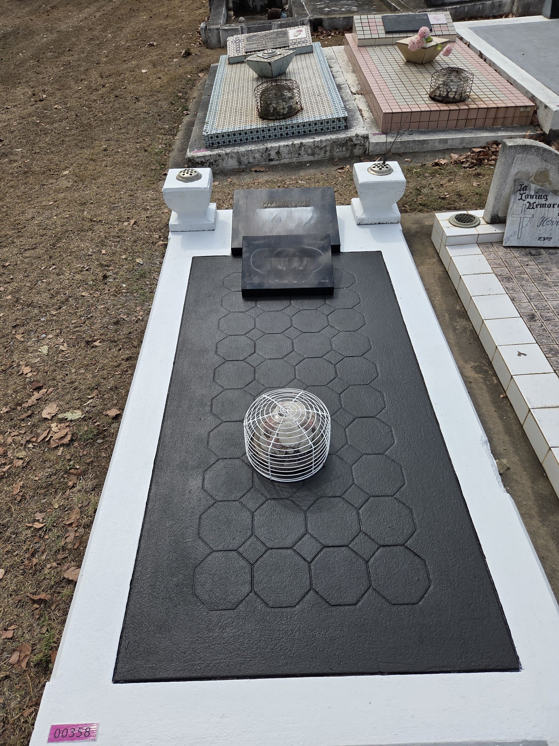 Dark granite tombstone with statue of a figure, in a grassy cemetery setting under a partly cloudy sky.