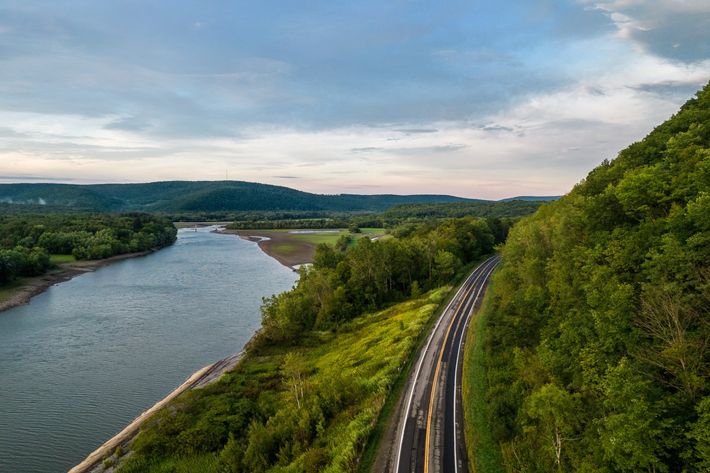 An aerial view of a train going over a river surrounded by trees.