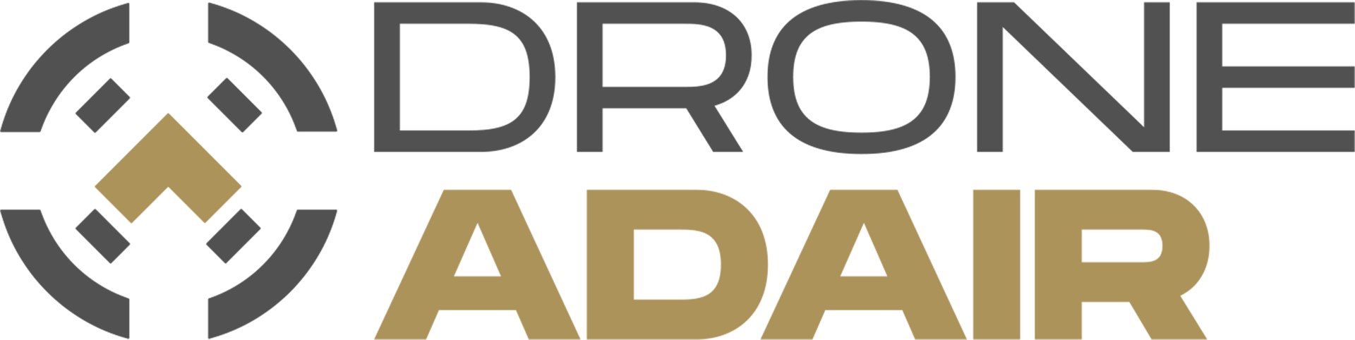 The logo for drone adair is a gray and gold logo on a white background.