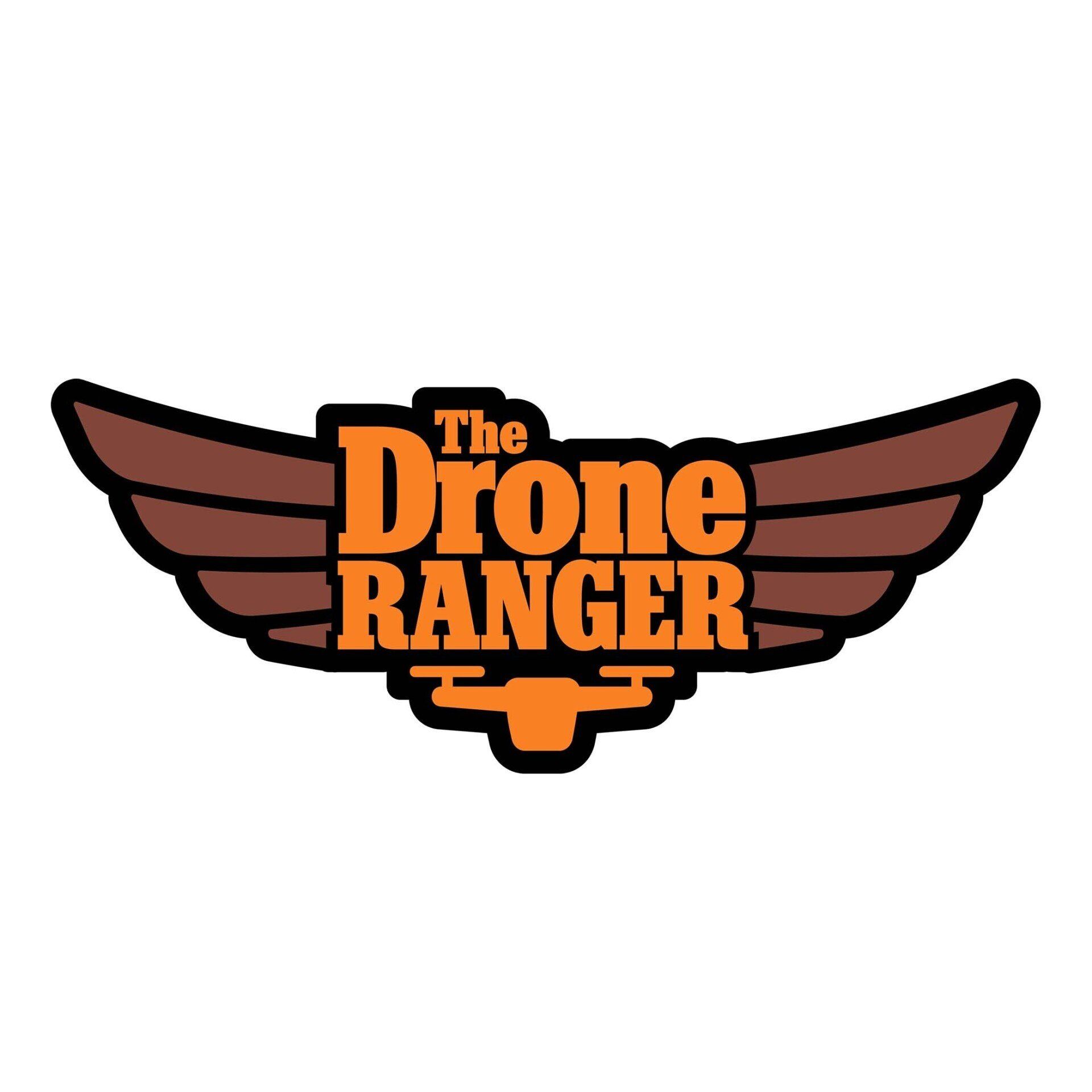 A logo for the drone ranger with wings on a white background.