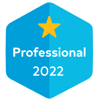 A blue hexagon with the words `` professional 2022 '' and a yellow star on it.