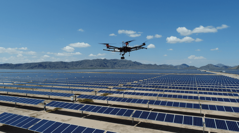 Drone Flying Over Utility Scale Solar Farm