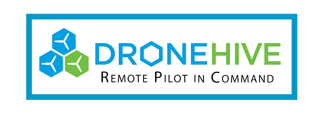 The logo for dronehive remote pilot in command is blue and green.