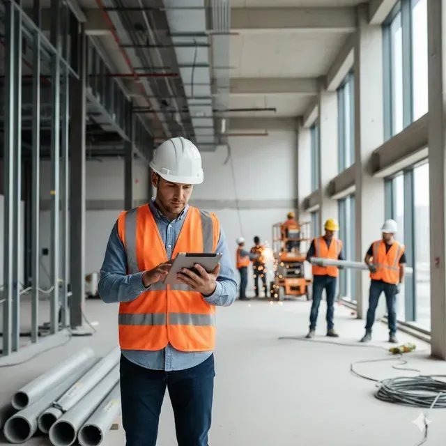 Un chef de projet, portant un casque et un gilet de sécurité, consulte une tablette sur un chantier de construction, tandis que des membres de son équipe se trouvent au loin.
