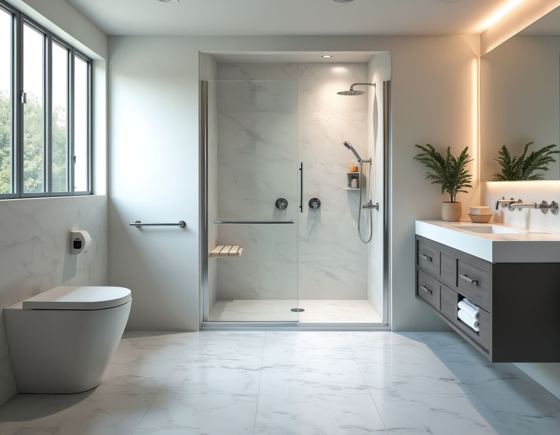 Salle de bains moderne et accessible avec douche à l'italienne en marbre sans seuil, siège intégré, barres d'appui et meuble-lavabo suspendu.
