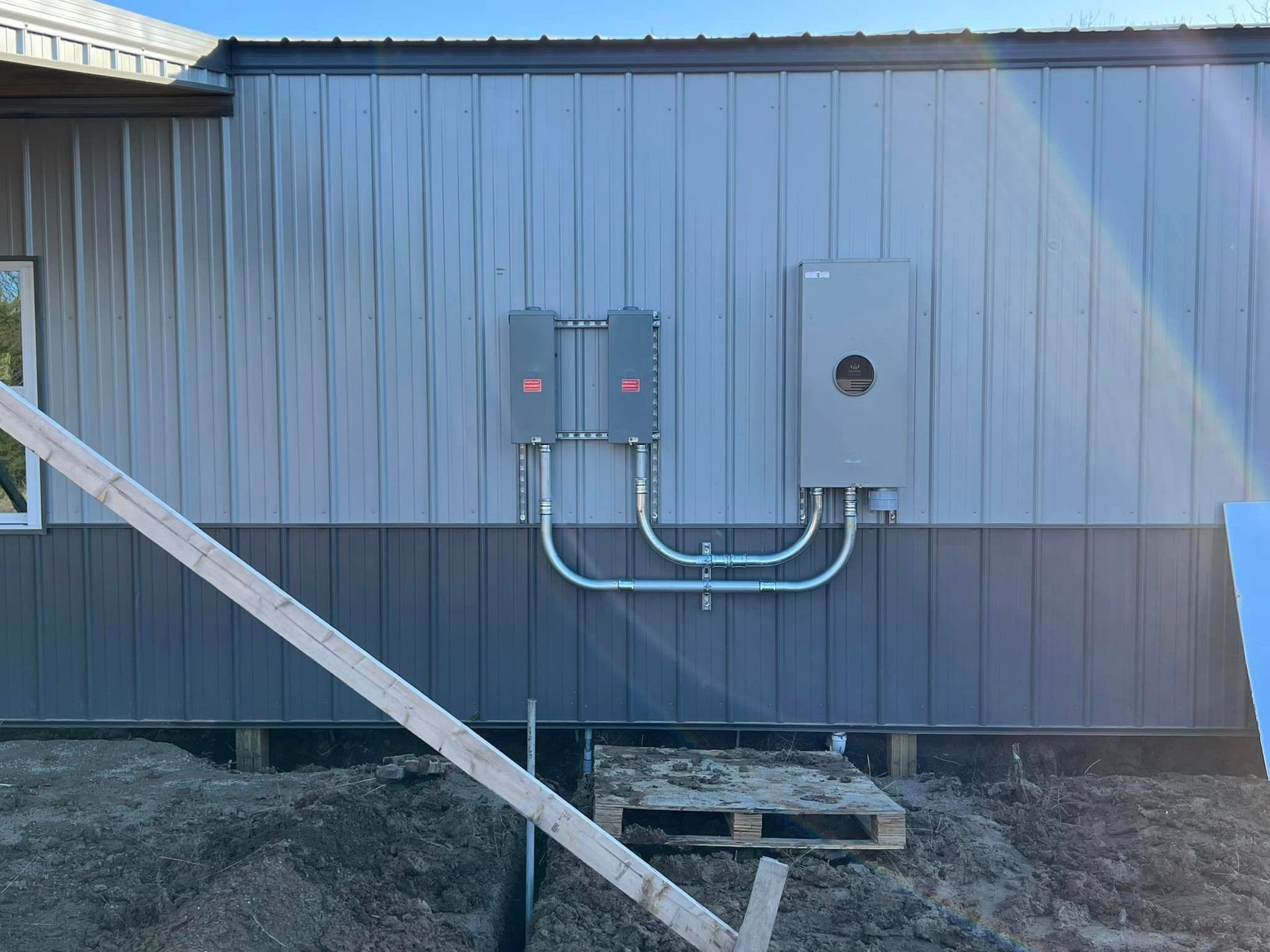 A building with a lot of wires coming out of it.