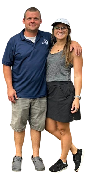 A man and a woman are standing next to each other on a white background.