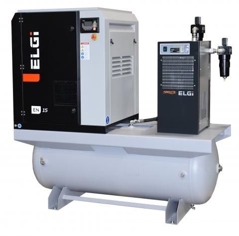 A large air compressor is sitting on top of a large tank. A large air compressor is sitting on top of a large tank.
