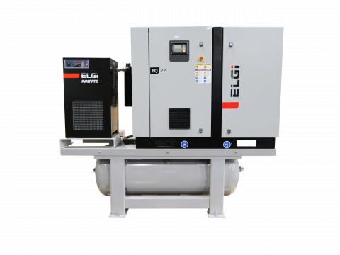 An air compressor with a dryer attached to it on a white background. An air compressor with a dryer attached to it on a white background.