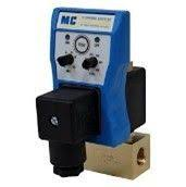 A close up of a blue and black valve on a white background.