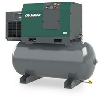 A champion air compressor is sitting on top of a large tank.