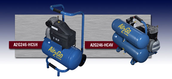 Two blue air compressors with air go written on them