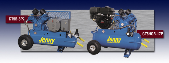 Two blue jenny air compressors are shown side by side