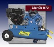 A blue air compressor with a gas engine attached to it.