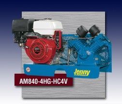 A blue air compressor with a red honda engine.