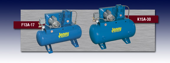 Two blue jerry air compressors on a silver background